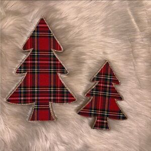 2 Wooden Christmas trees red tartan plaid